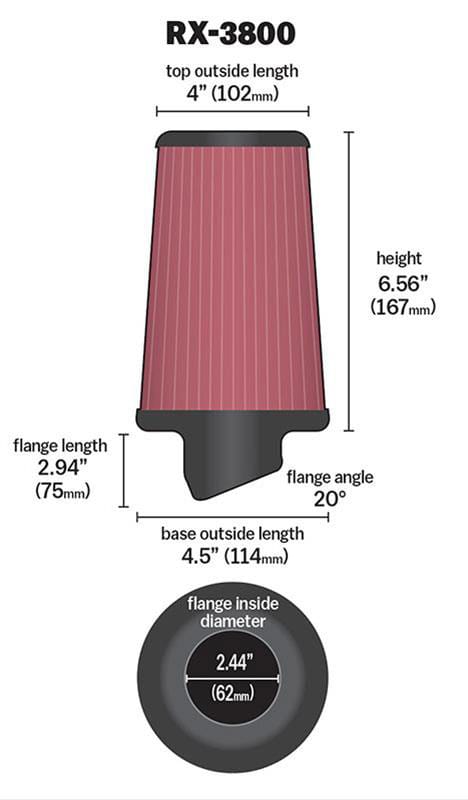 K&N 4 in (102 mm) H x 4.5 in (114 mm) OD - KNRX-3800 K&N K&N X-Stream Universal Clamp On Filter Fits 2.438 in (62 mm) KNRX-3800 SR