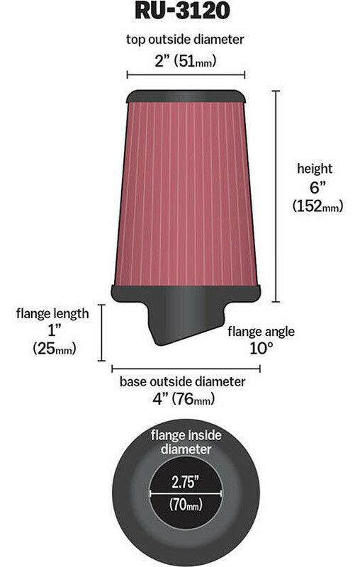 K&N 6 in (152 mm) H x 4 in (102 mm) Base OD x 2 in (51 mm) Top OD - KNRU-3120 K&N K&N Universal Clamp On Filter Fits 2.75 in (70 mm) KNRU-3120 SR