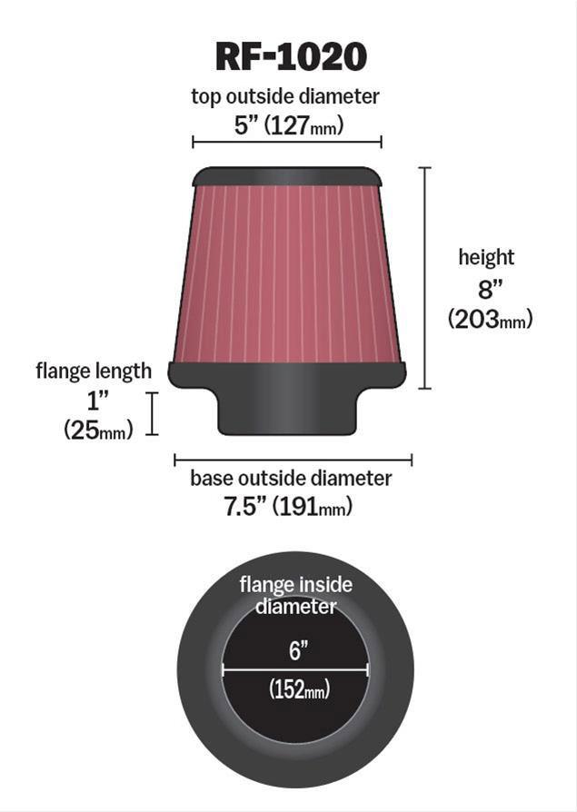 K&N 8 in (203 mm) H x 7.5 in (191 mm) Base OD x 5 in (127 mm) Top OD - KNRF-1020 K&N K&N Universal Clamp On Filter Fits 6 in (152 mm) KNRF-1020 SR