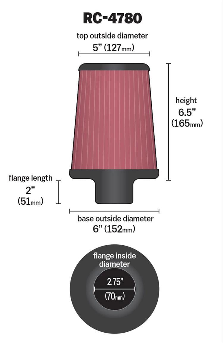 K&N 9.5 in (241 mm) H x 6.625 in (168 mm) Base OD x 5.25 in (133 mm) Top OD - KNRC-4780 K&N K&N Universal Clamp On Filter Fits 4 in (102 mm) KNRC-4780 SR