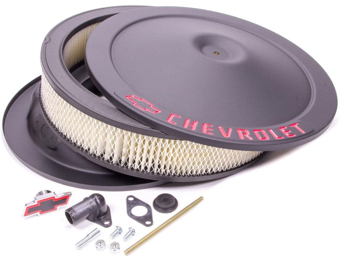 PROFORM Black Crinkle 14" x 3" With Recessed Base With Red Chevrolet Logo & B Proform Stamped Steel Air Cleaner Assembly PR141-752 SR