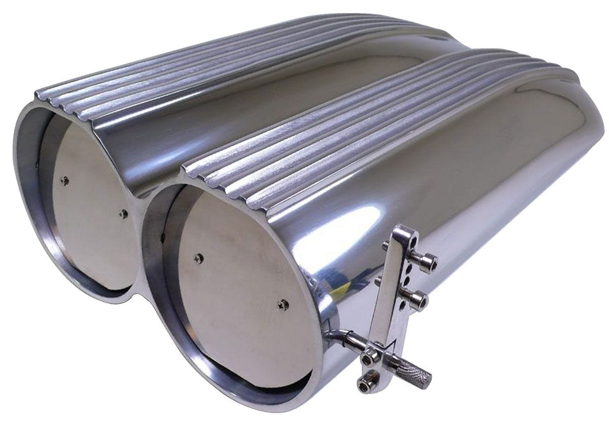 RPC Designed To Fit 5-1/8" Neck Carbs Only. Single or Dual 4-Barrel Carb Racing Power Company Polished Aluminium "Shot Gun" Hood Scoop with Paper Element, Finned Style RPCR52 SR