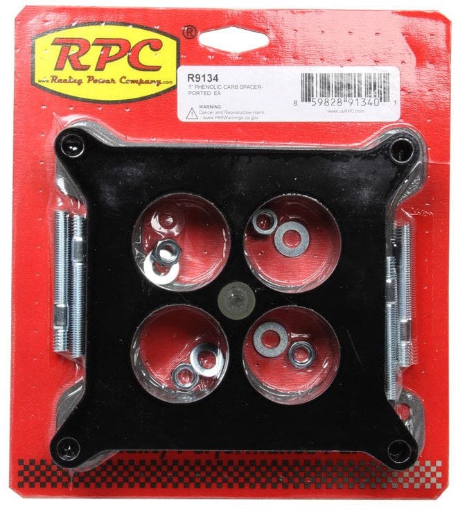 RPC Fits Holley/AFB Four Barrel Carburettors, Gasket & 2-1/2" Stud Kit In Racing Power Company Phenolic Plastic Carburettor Spacer, 1-11/16" Ported, 1" Spacer RPCR9134 SR