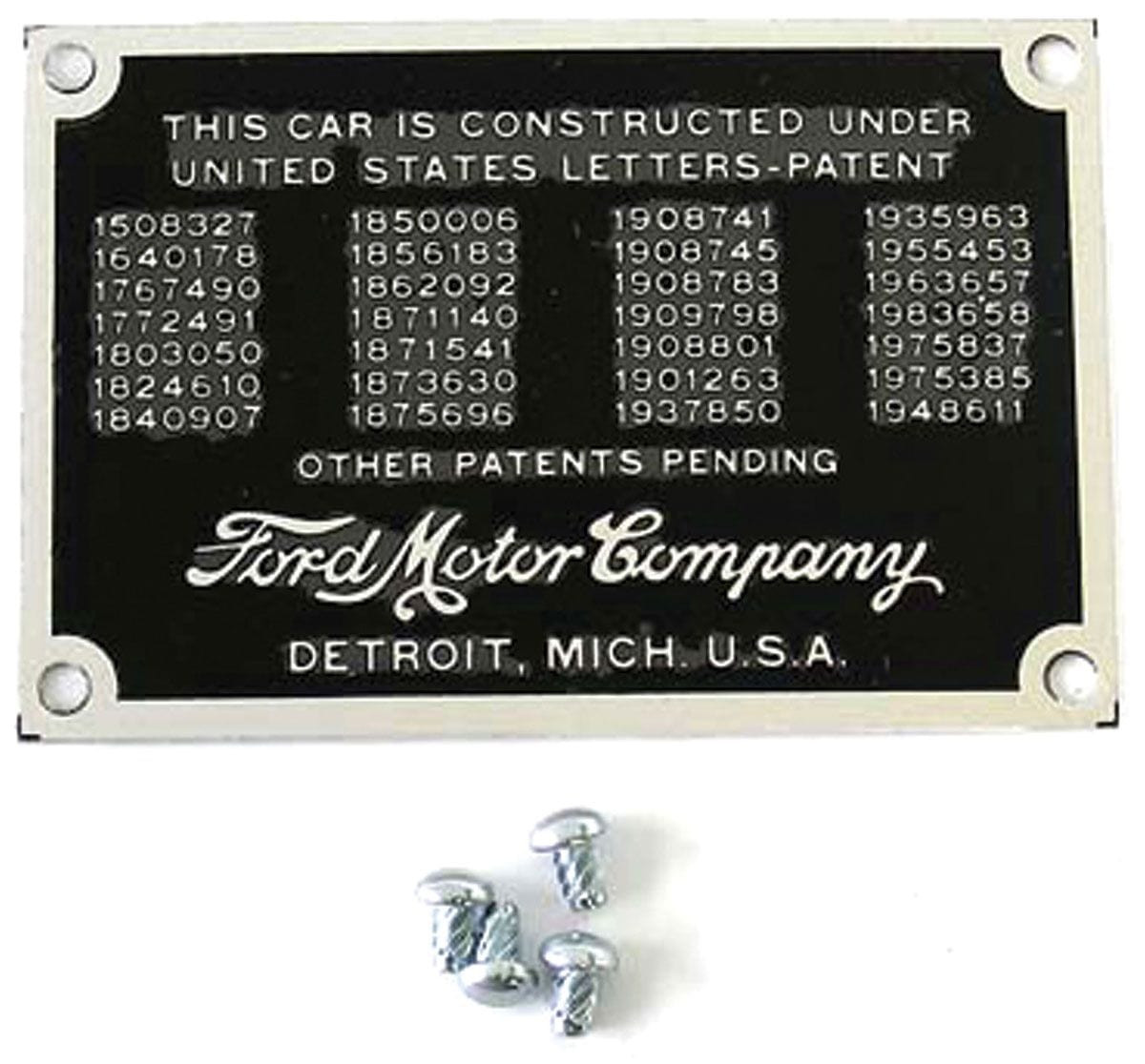 VINTIQUE Suit 1935-36 Ford Vintique Vintique Inc Firewall Patent Number Plates VI48-18650 SR