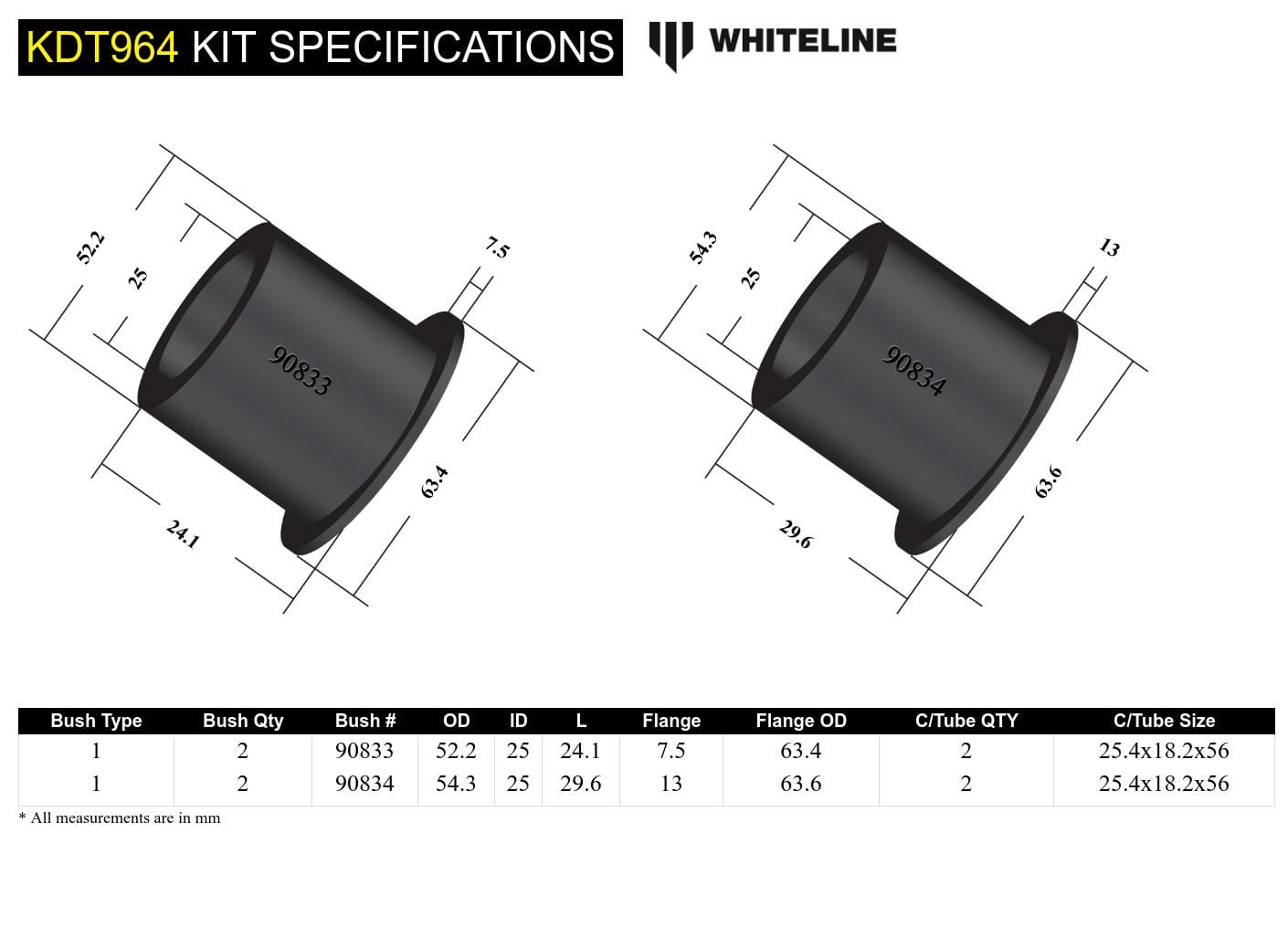 Whiteline 10 x 16 x 26 cm / 54mm OD - suits models with Active Yaw Control Rear Differential Mount - Front Bushing Kit to Suit Mitsubishi Lancer Evo I-IX SR