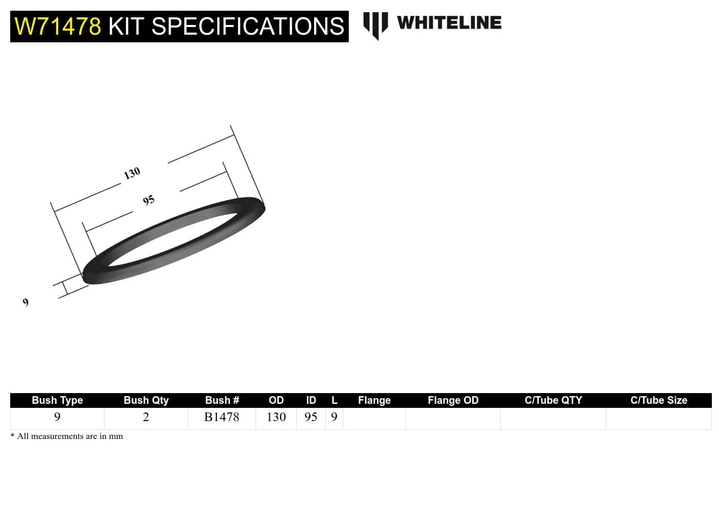 Whiteline 10 x 16 x 26 cm / OD=130, ID=95, H=8mm Coil Spring Pad - Bushing Kit 8mm Ride Height to Suit Ford Falcon/Fairlane, Mustang Classic, Holden HQ-WB and Torana SR