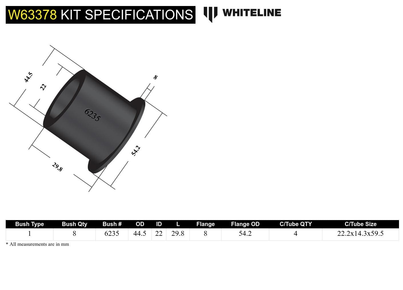 Whiteline 10 x 16 x 26 cm Rear Trailing Arm Lower - Bushing Kit to Suit Toyota Prado and 4Runner SR