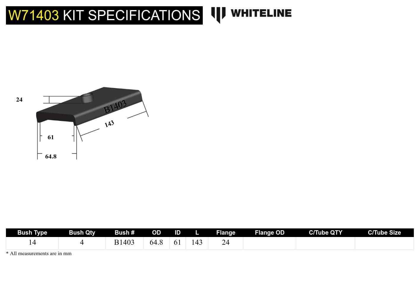 Whiteline 10 x 16 x 26 cm / Suits 61.5mm wide spring Rear Leaf Spring - To Saddle Insulator Bushing Kit to Suit Ford Escort Mk1, Mk2 SR