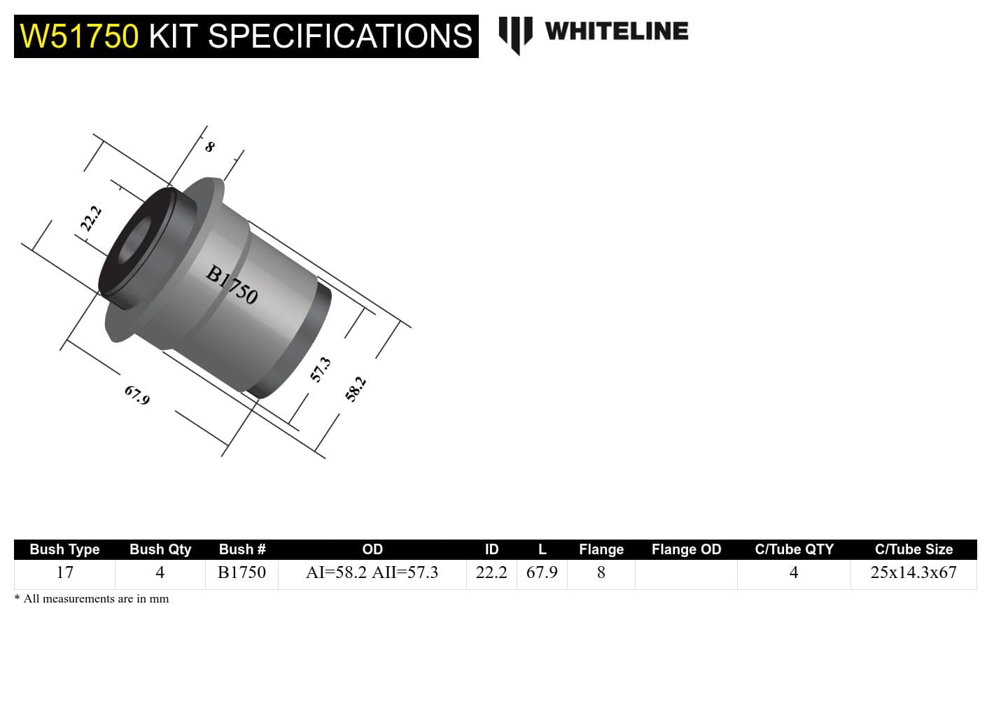 Whiteline 10 x 16 x 26 cm Trailing Arm Lower - Bushing Kit to Suit Jeep Grand Cherokee ZG and Wrangler TJ SR