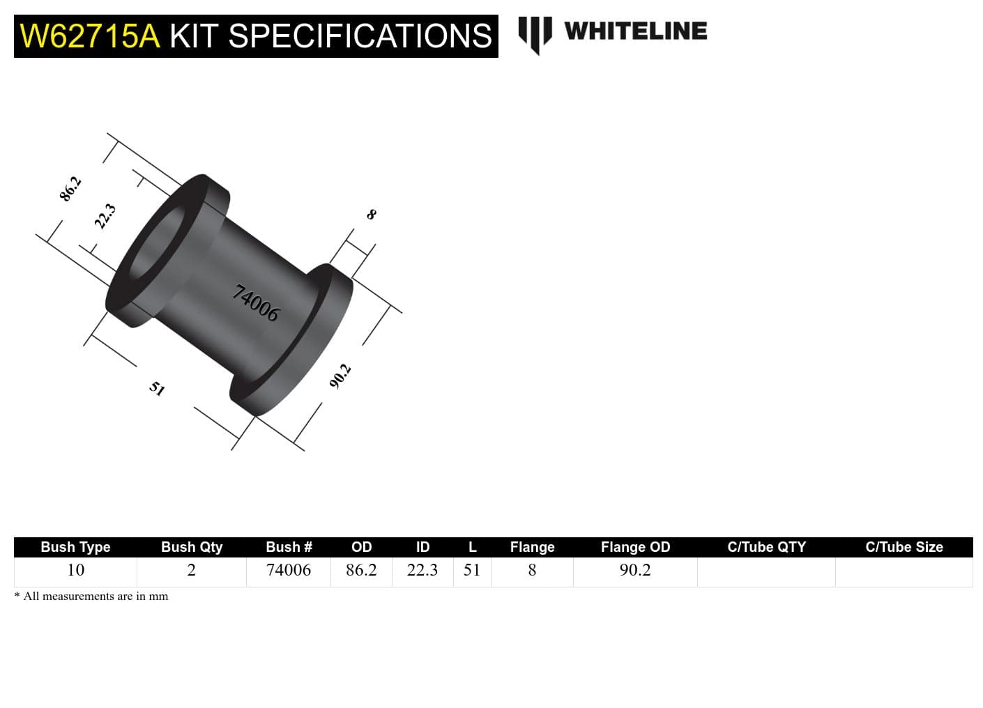 Whiteline 40 x 20 x 10 cm Rear Trailing Arm Lower - Front Bushing Kit to Suit Ford Falcon/Fairlane BA-FGX, Territory SX-SZ and FPV SR