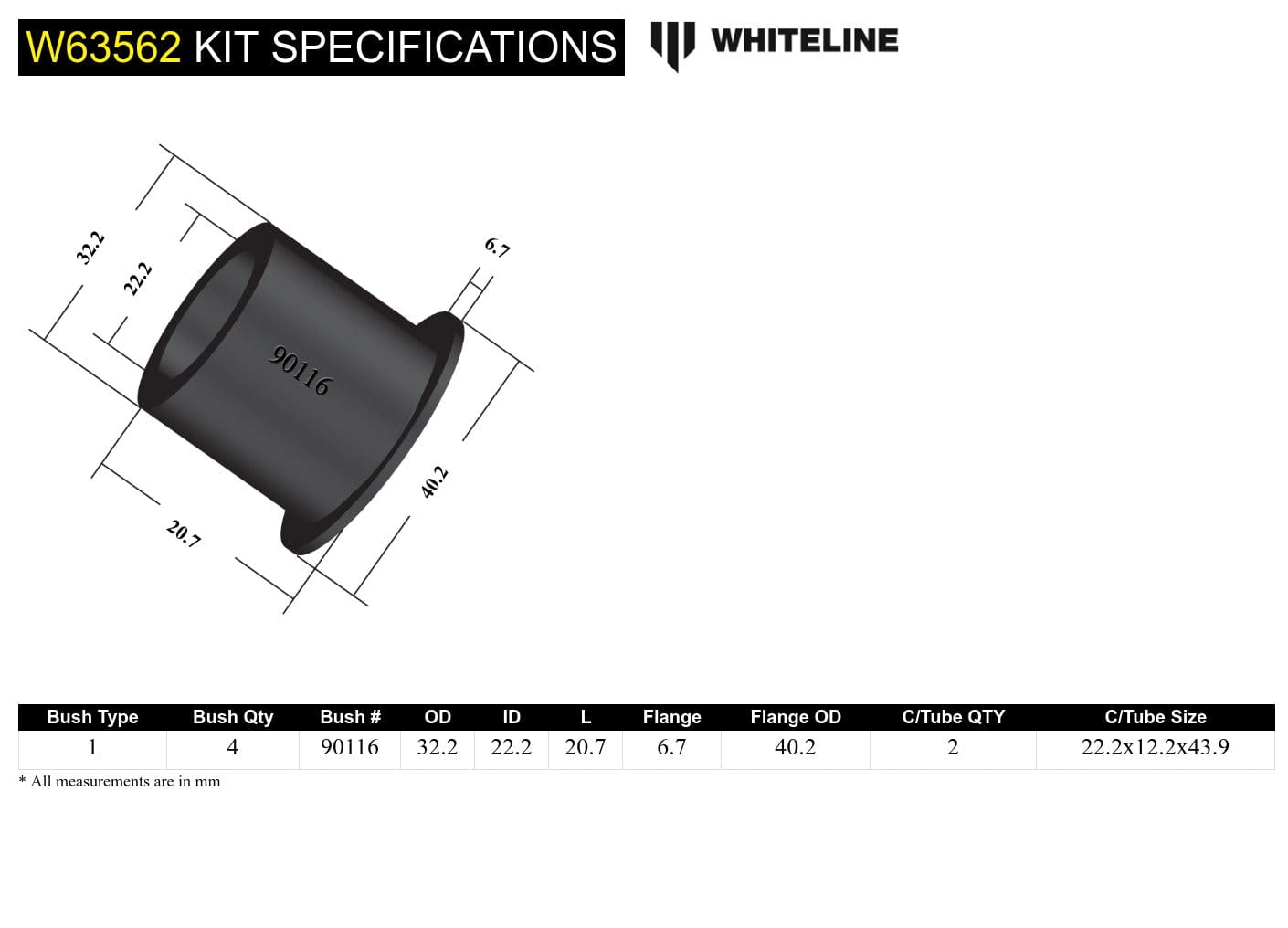 Whiteline 6 x 14 x 20 cm / 32mm OD Rear Control Arm Lower Front - Inner Bushing Kit to Suit Lexus GS, IS and Toyota Altezza SR