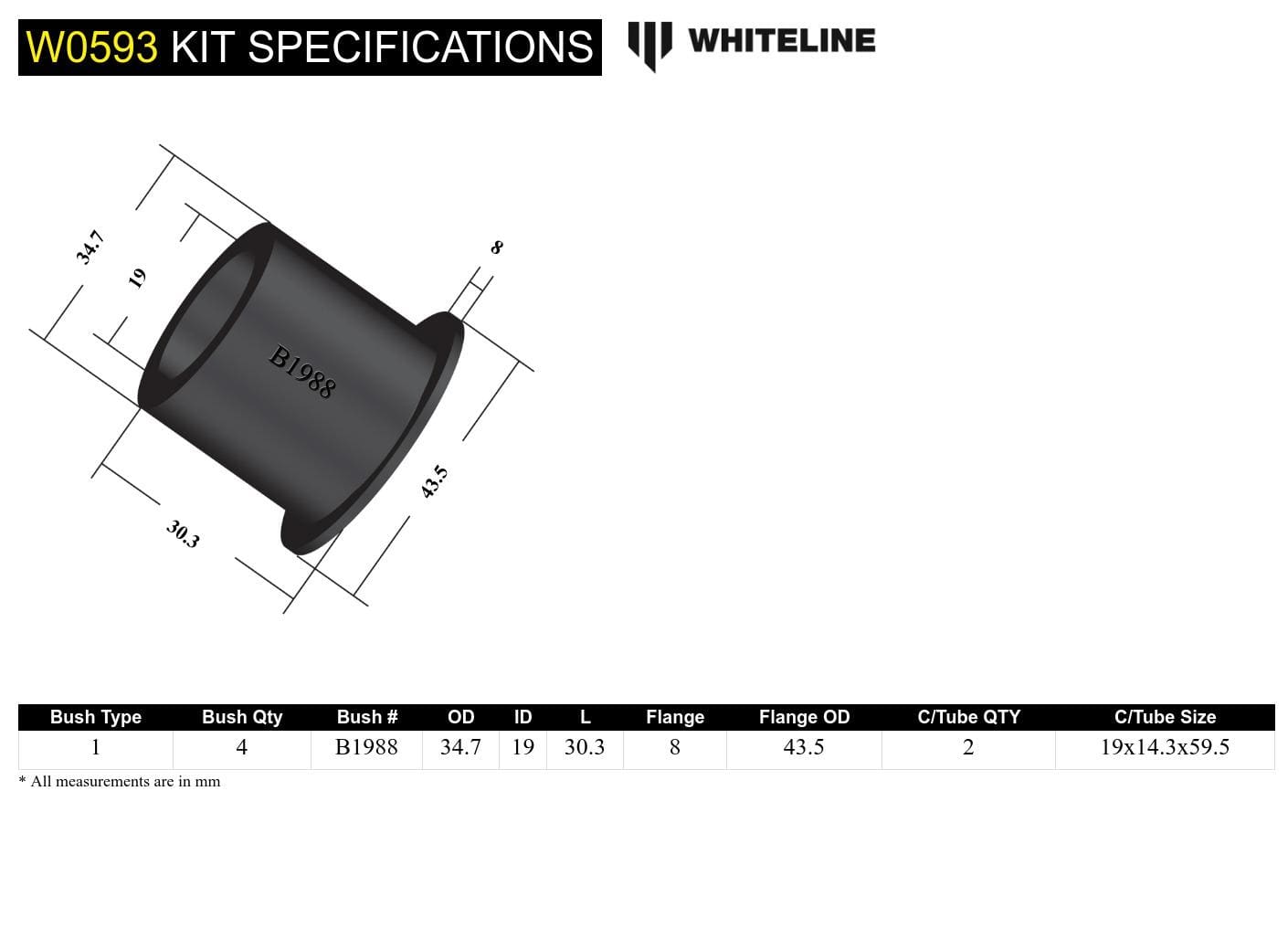 Whiteline 7 x 14 x 20 cm / 14mm ID Front Control Arm Lower - Inner Front Bushing Kit to Suit Chrysler, Citroen, Dodge, Jeep, Mitsubishi and Peugeot SR