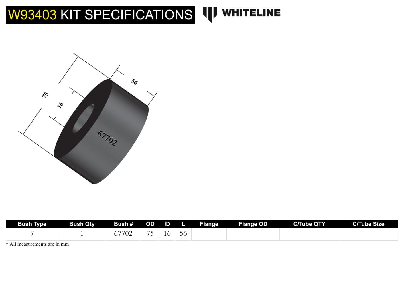 Whiteline 7 x 14 x 20 cm / 75mm OD Rear Differential Mount - Rear Bushing Kit 75mm OD to Suit Ford Falcon/Fairlane BA-BF, Territory SX-SZ and FPV SR