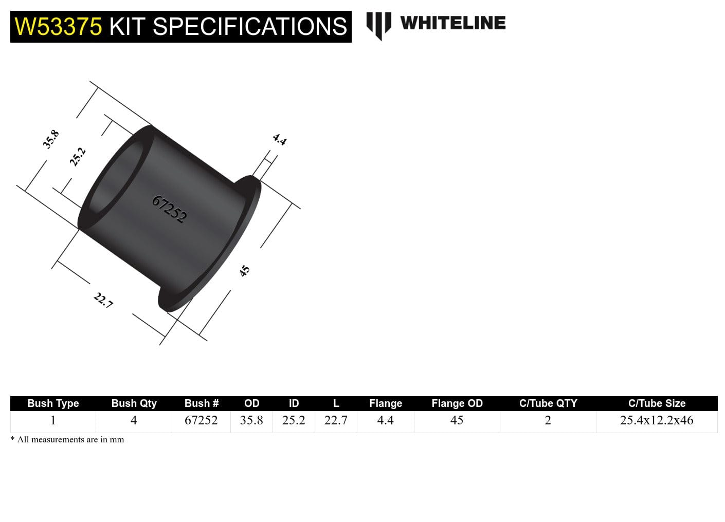 Whiteline 7 x 14 x 20 cm Front Control Arm Lower - Inner Front Bushing Kit to Suit Honda City GD, GE and Jazz GD SR