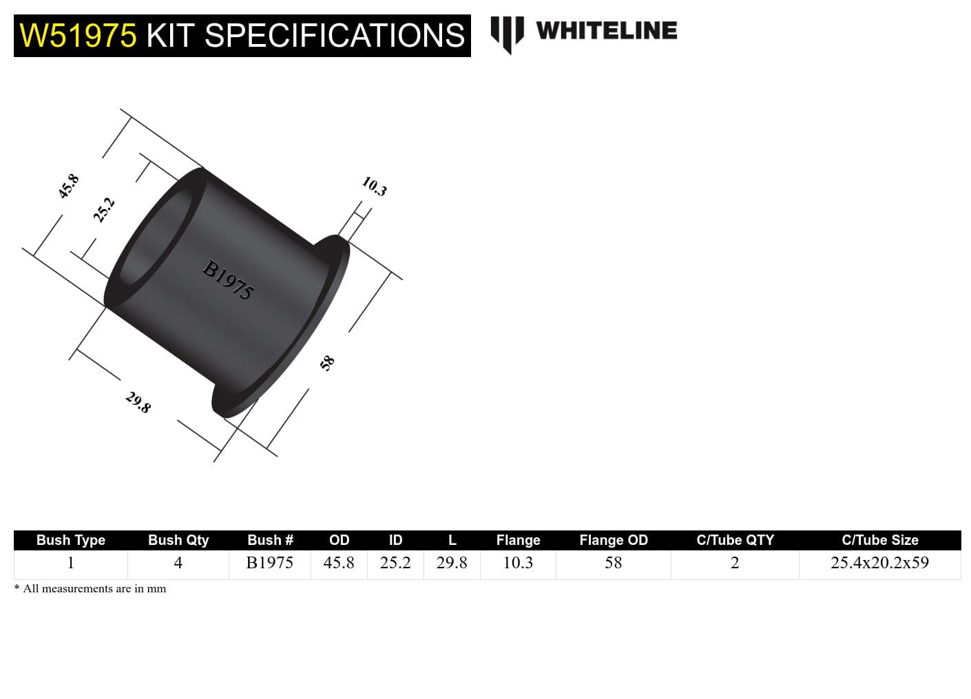Whiteline 7 x 14 x 20 cm Front Control Arm Lower - Inner Rear Bushing Kit to Suit Toyota Celica ST182, ST185 SR