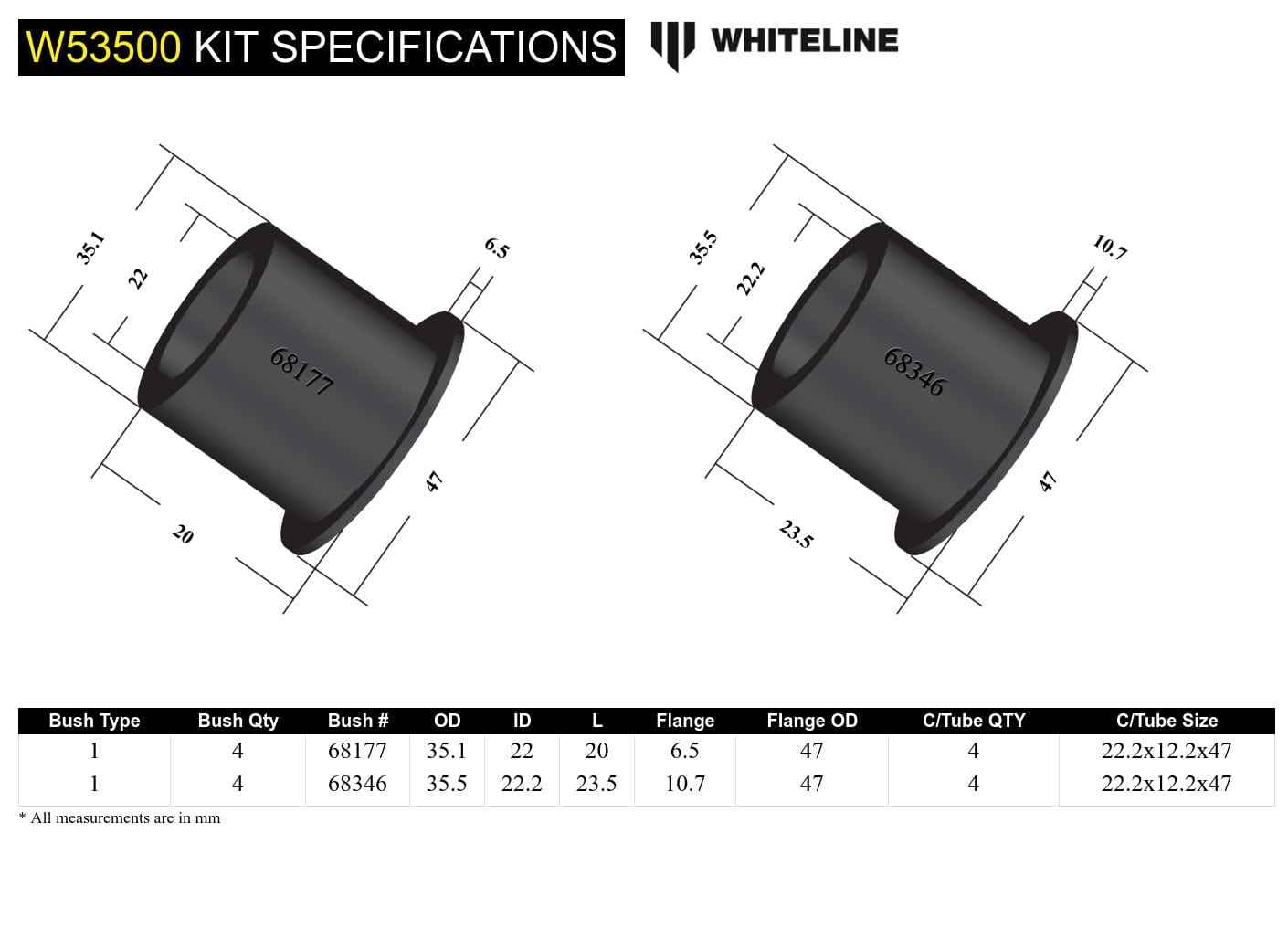 Whiteline 7 x 14 x 20 cm Front Control Arm Upper - Bushing Kit to Suit Honda S2000 AP SR