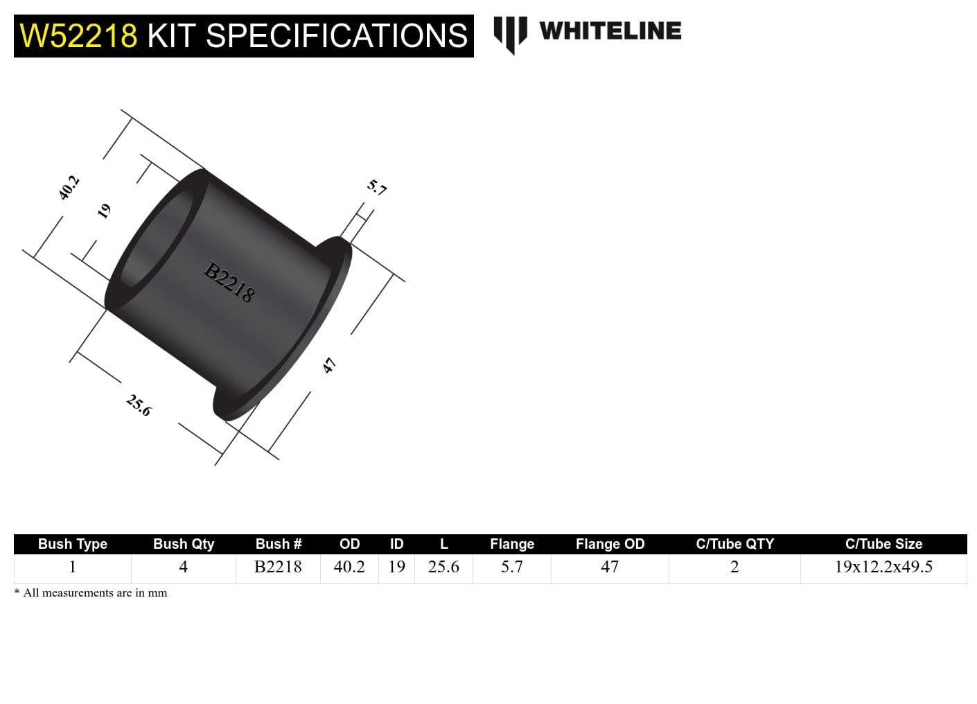 Whiteline 7 x 14 x 20 cm Front Shock Absorber - To Control Arm Bushing Kit to Suit Honda Civic V Gen and Integra DC2 SR