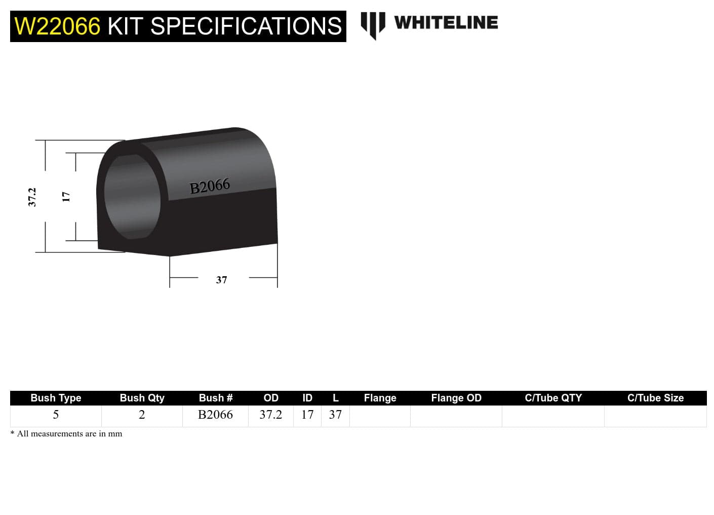 Whiteline 7 x 14 x 20 cm Front Sway Bar Mount - Bushing Kit 17mm to Suit Nissan 1200 and Datsun 120Y SR
