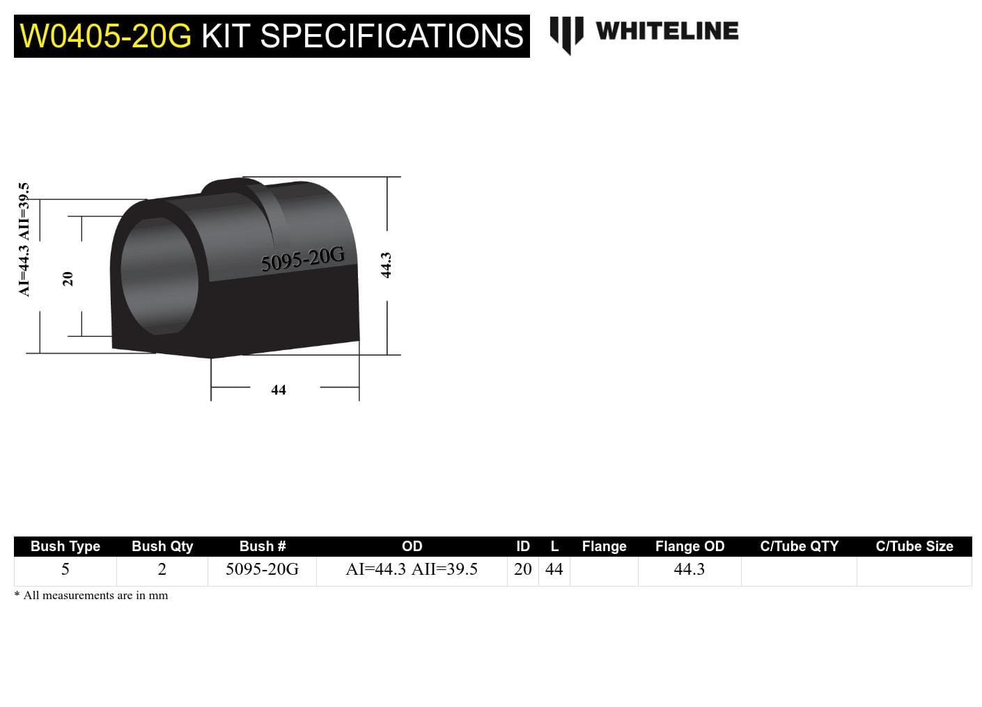 Whiteline 7 x 14 x 20 cm Front Sway Bar Mount - Bushing Kit 20mm 'Grease Free' to Suit Subaru Forester, Impreza and Liberty SR