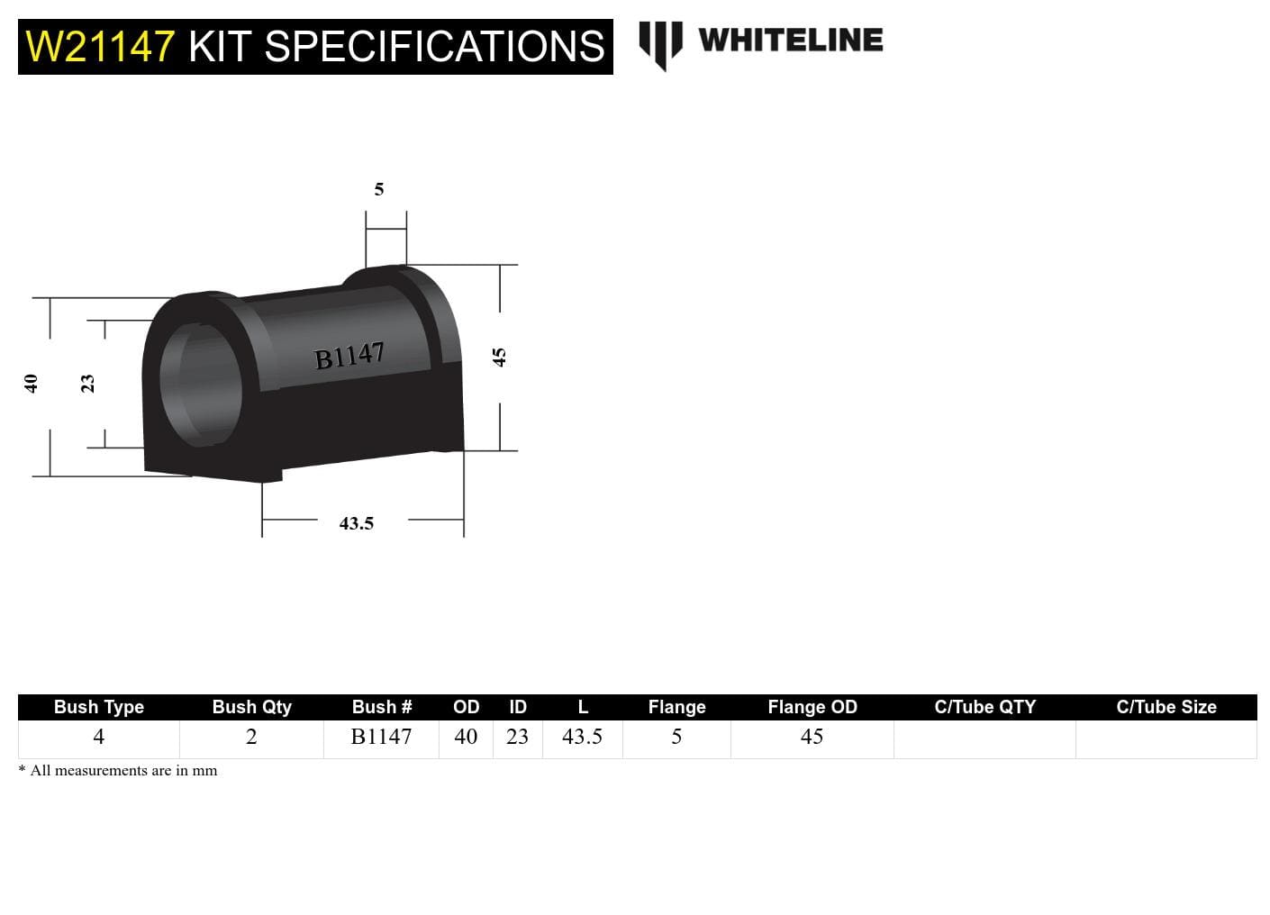 Whiteline 7 x 14 x 20 cm Front Sway Bar Mount - Bushing Kit 23mm to Suit Mazda 121, 323, 929 and RX2-RX5 SR