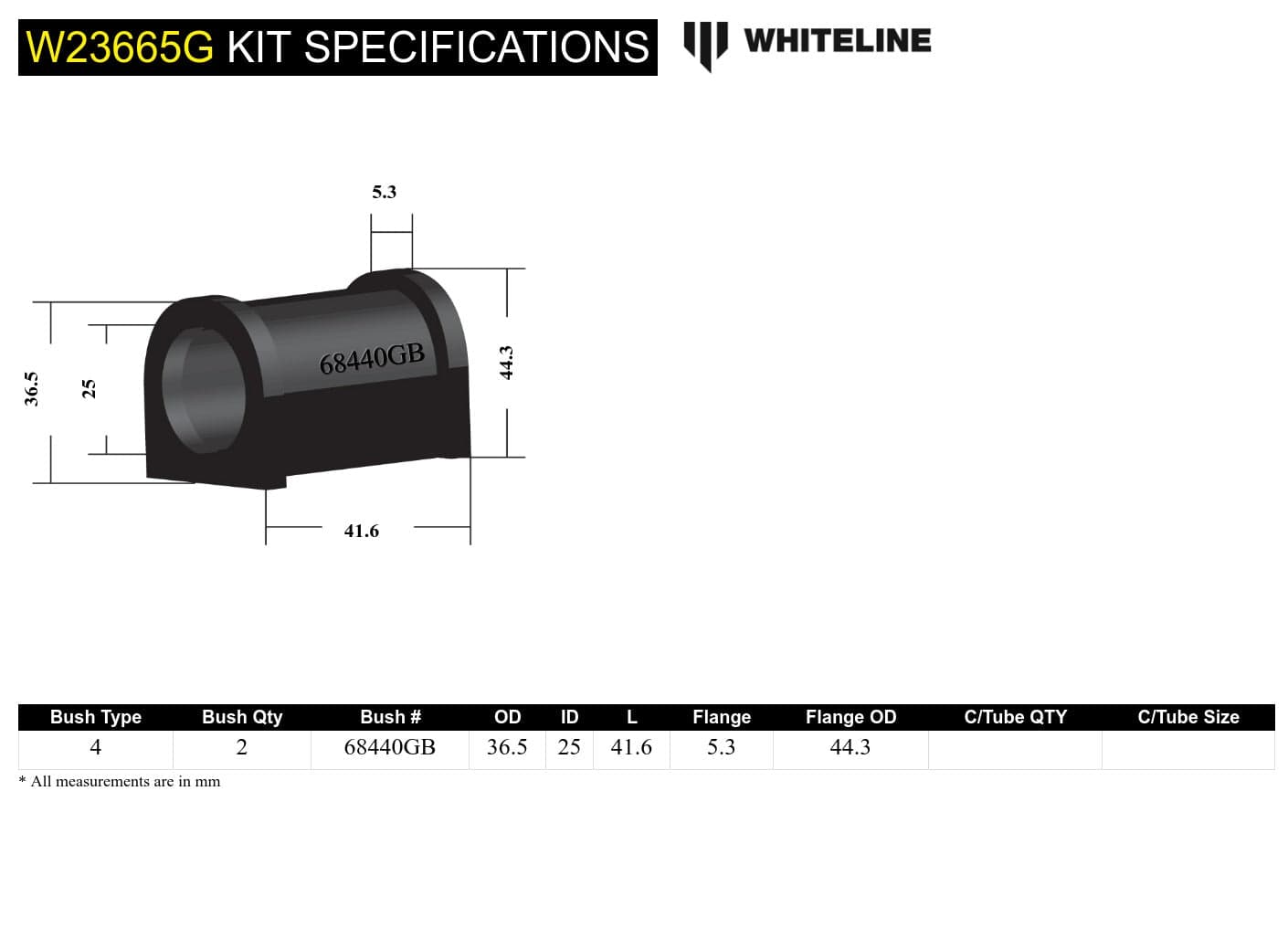 Whiteline 7 x 14 x 20 cm Front Sway Bar Mount - Bushing Kit 25mm 'Grease Free' to Suit Mitsubishi Triton MK 4wd SR