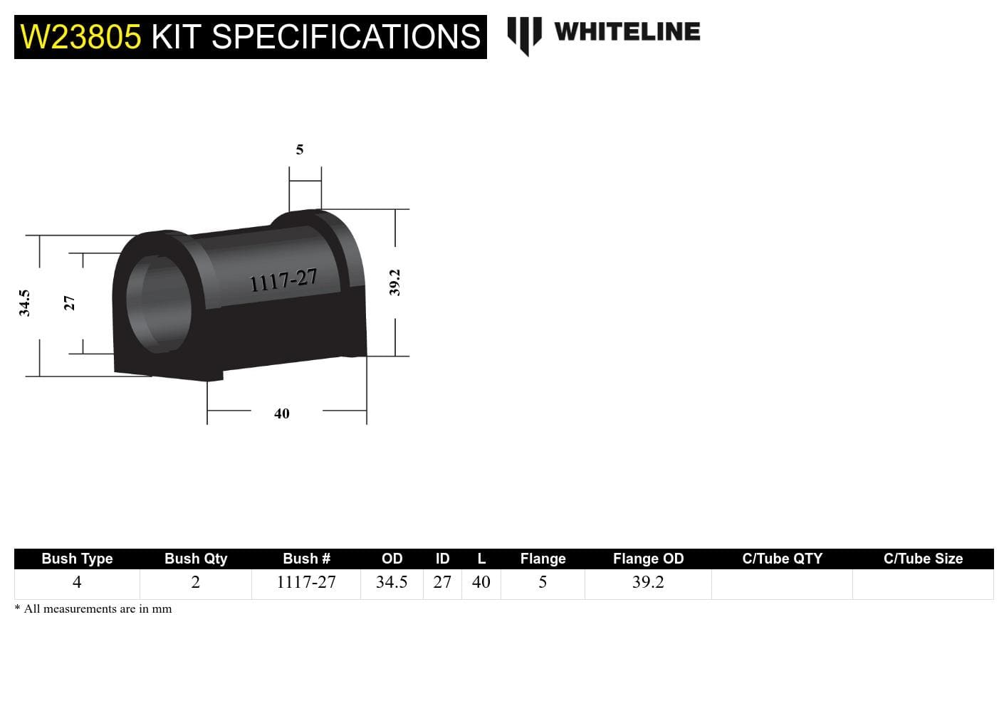 Whiteline 7 x 14 x 20 cm Front Sway Bar Mount - Bushing Kit 27mm to Suit Mitsubishi Triton MK 4wd SR