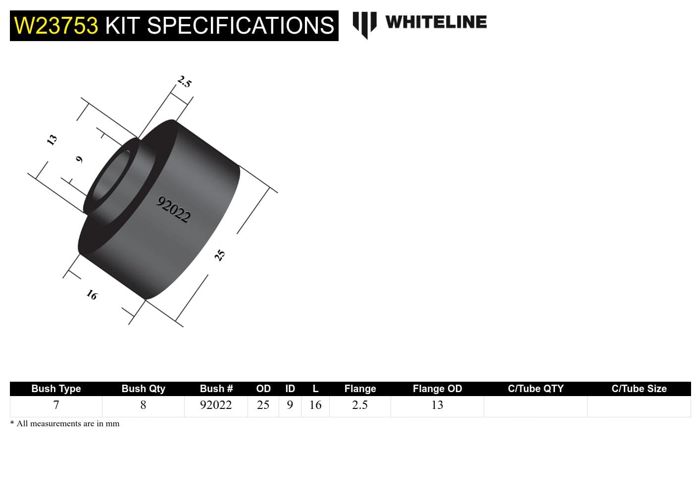 Whiteline 7 x 14 x 20 cm / OD=25, ID=9, L=16.5mm, locator OD=13mm Front Sway Bar Link - Bushing Kit to Suit Ford Ranger PJ, PK and Mazda BT-50 UN 2wd/4wd SR