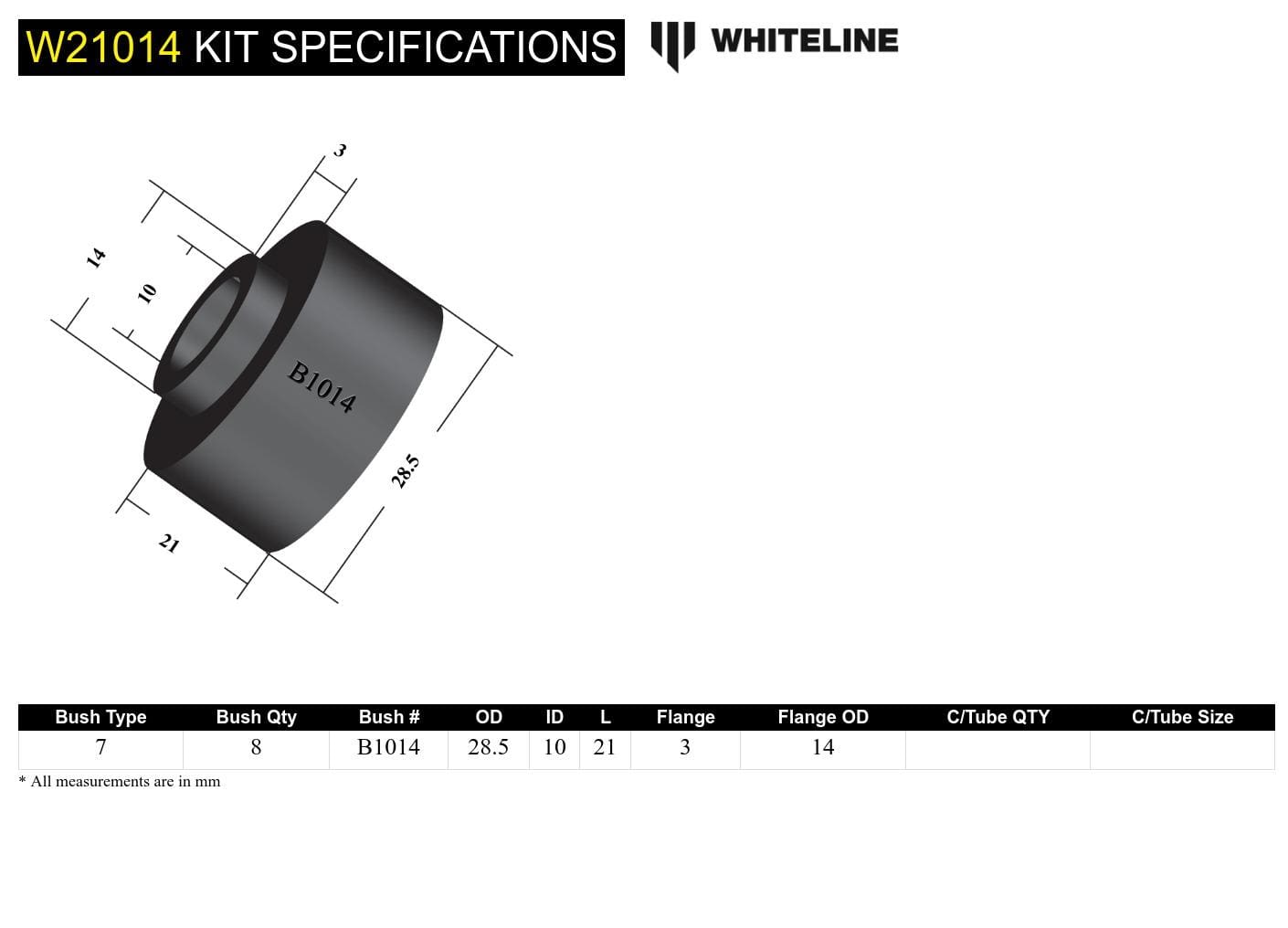 Whiteline 7 x 14 x 20 cm / OD=28.5, ID=10, L=21mm, locator OD=14mm Sway Bar Link - Bushing Kit to Suit Various Applications SR