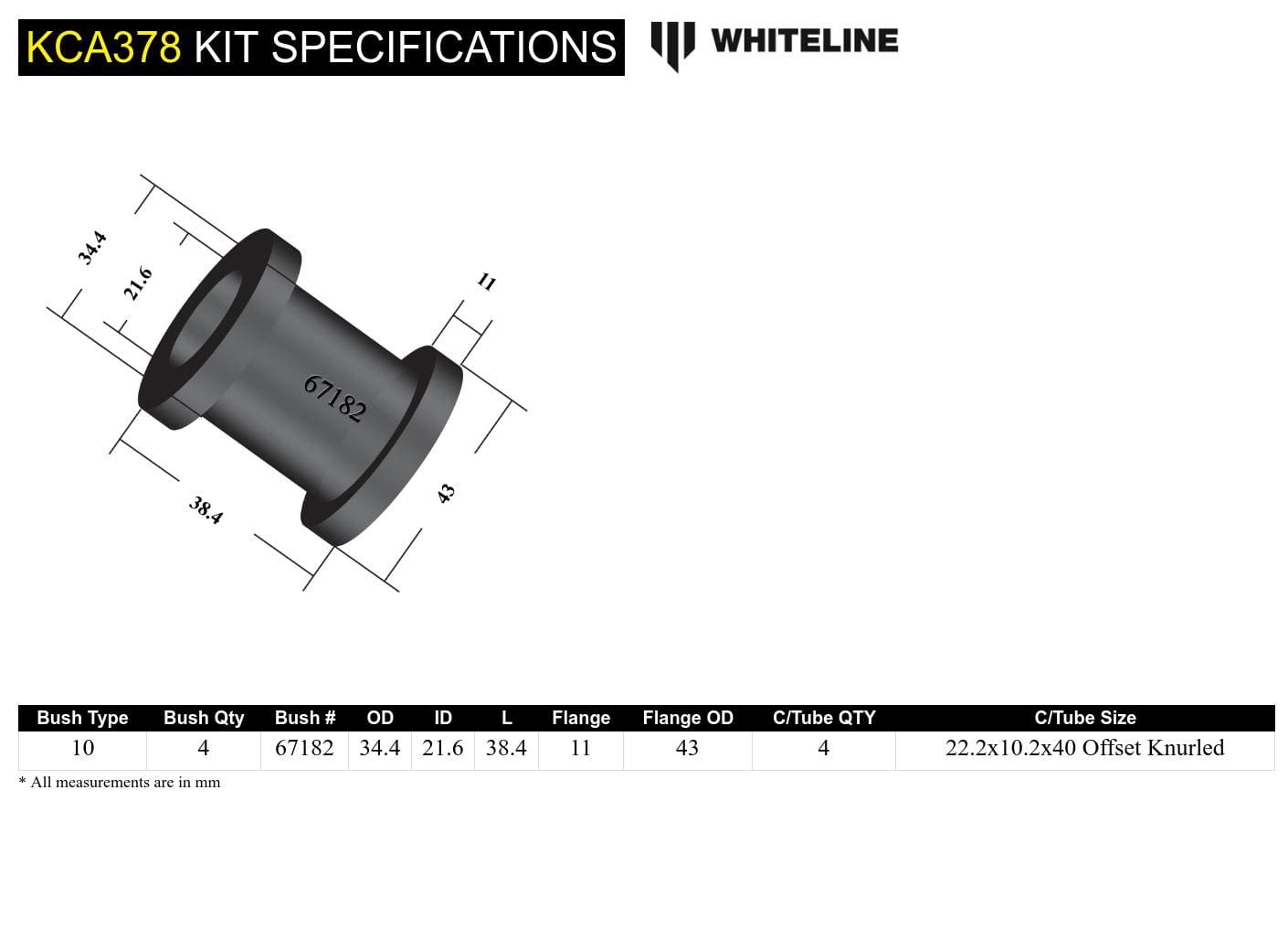 Whiteline 7 x 14 x 20 cm / Performance Alignment - adds +/- 1.0deg camber Front Control Arm Upper - Bushing Kit Double Offset to Suit Honda Civic, CR-X and Integra SR