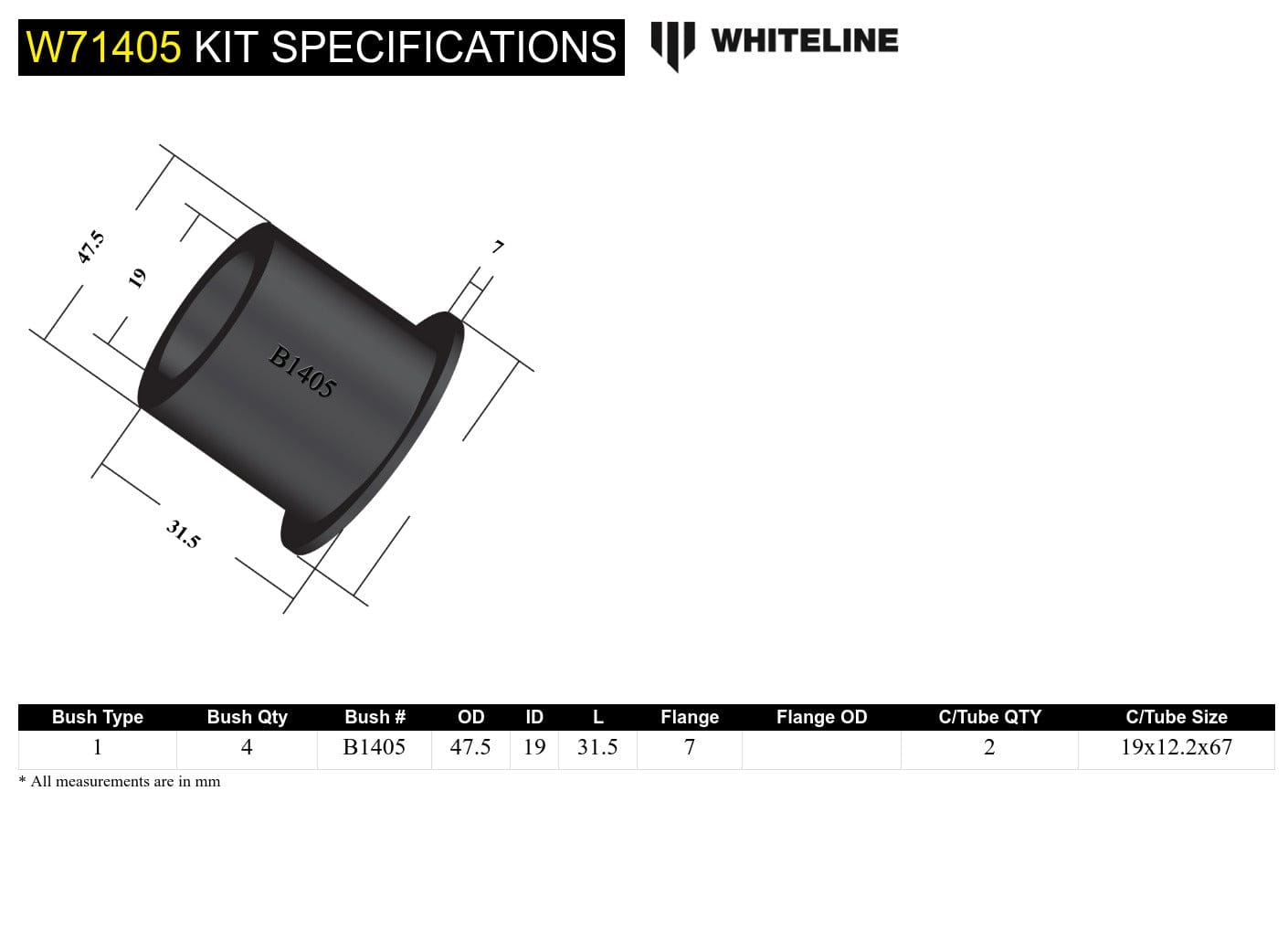 Whiteline 7 x 14 x 20 cm Rear Leaf Spring - Front Eye Bushing Kit to Suit Ford Escort Mk2 SR