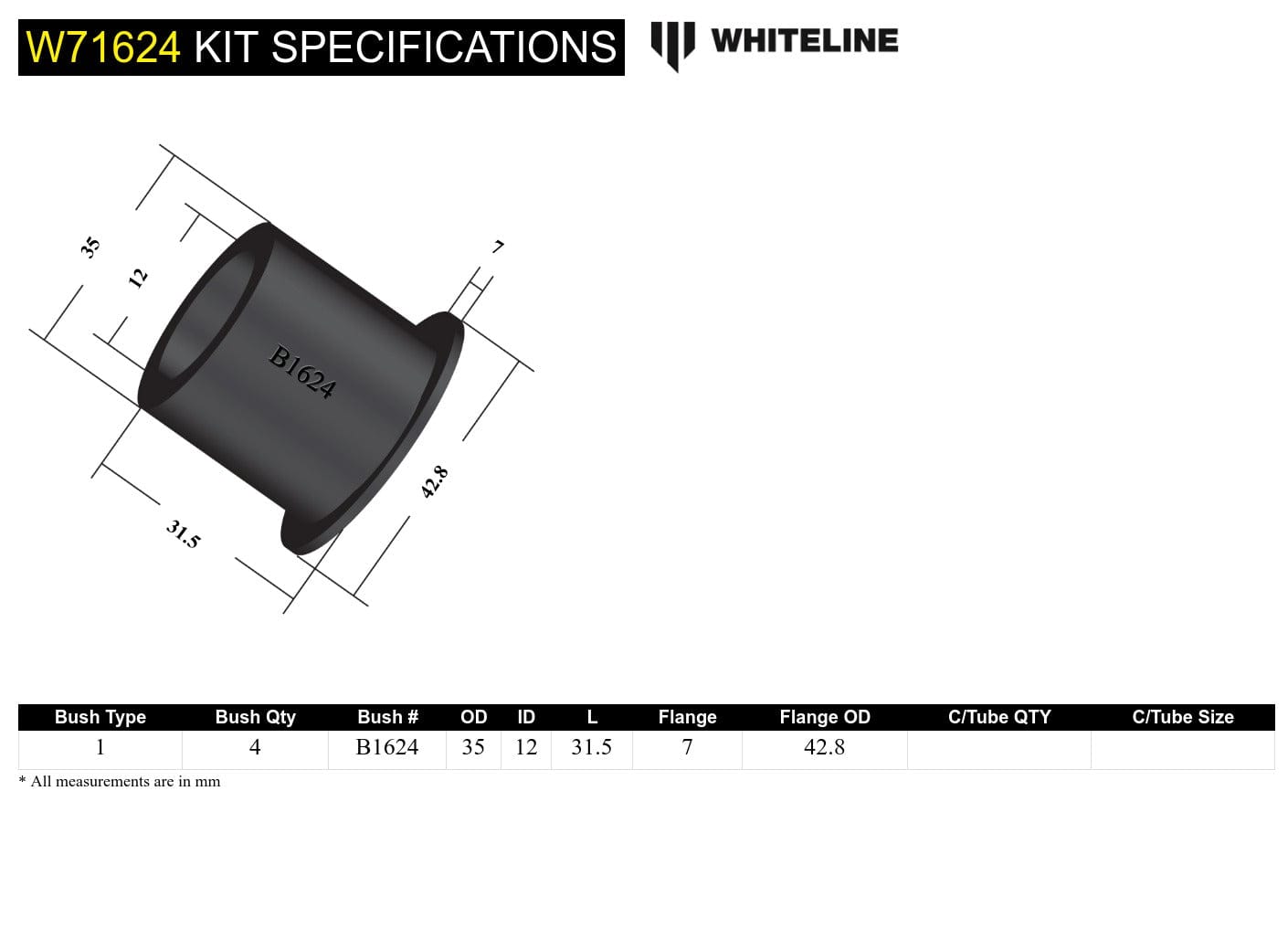 Whiteline 7 x 14 x 20 cm Rear Leaf Spring - Front Eye Bushing Kit to Suit Nissan 1200, 120Y and Pulsar B11 SR