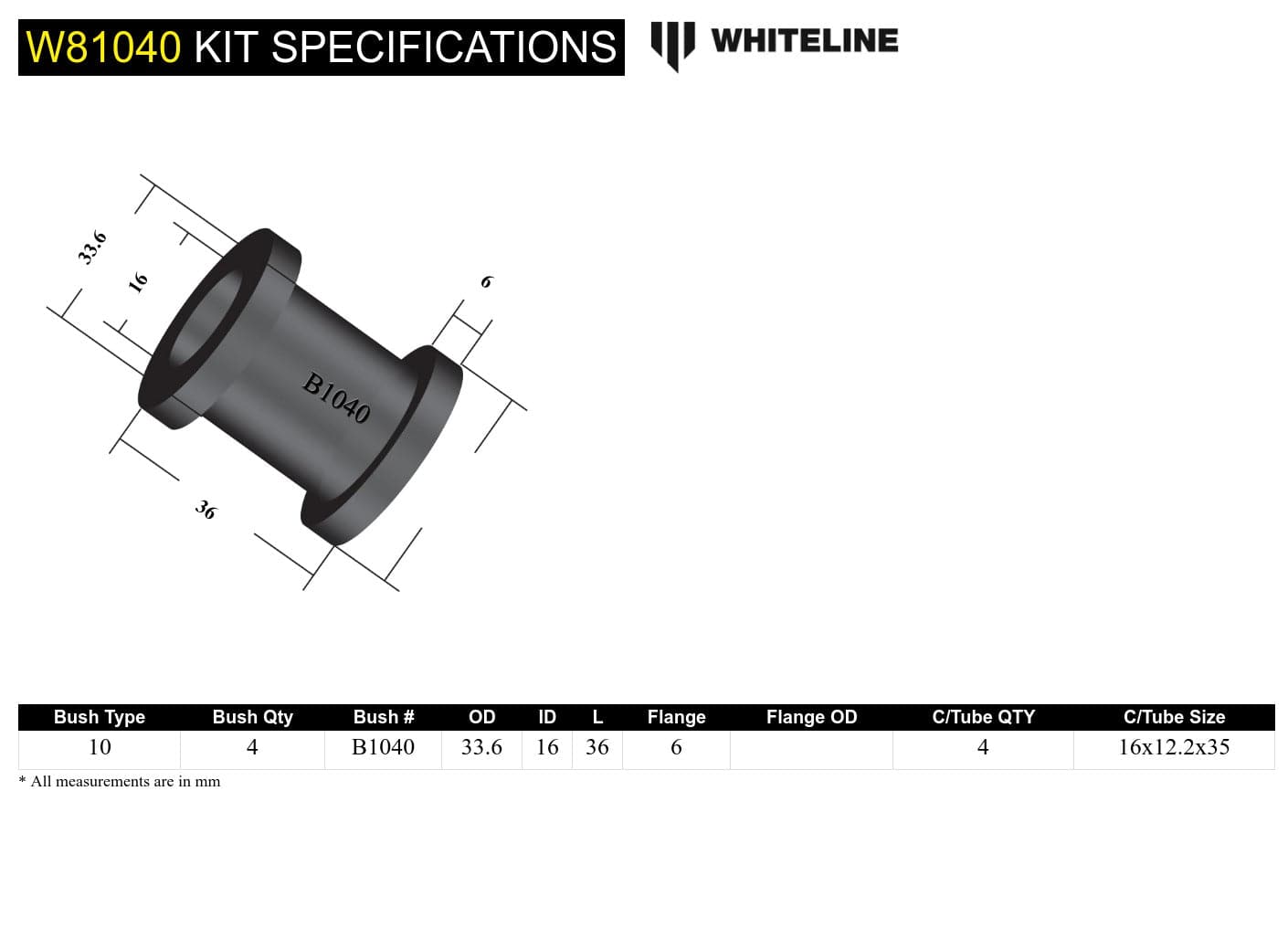 Whiteline 7 x 14 x 20 cm Rear Watts Link - Side Rods Bushing Kit to Suit Ford Falcon/Fairlane XE-AU SR