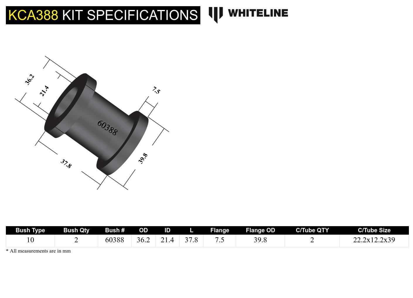 Whiteline 7 x 14 x 20 cm / Replaces toe/control arm inner bushing Rear Bump Steer - Correction Kit to Suit Mitsubishi Lancer Evo IV-IX SR