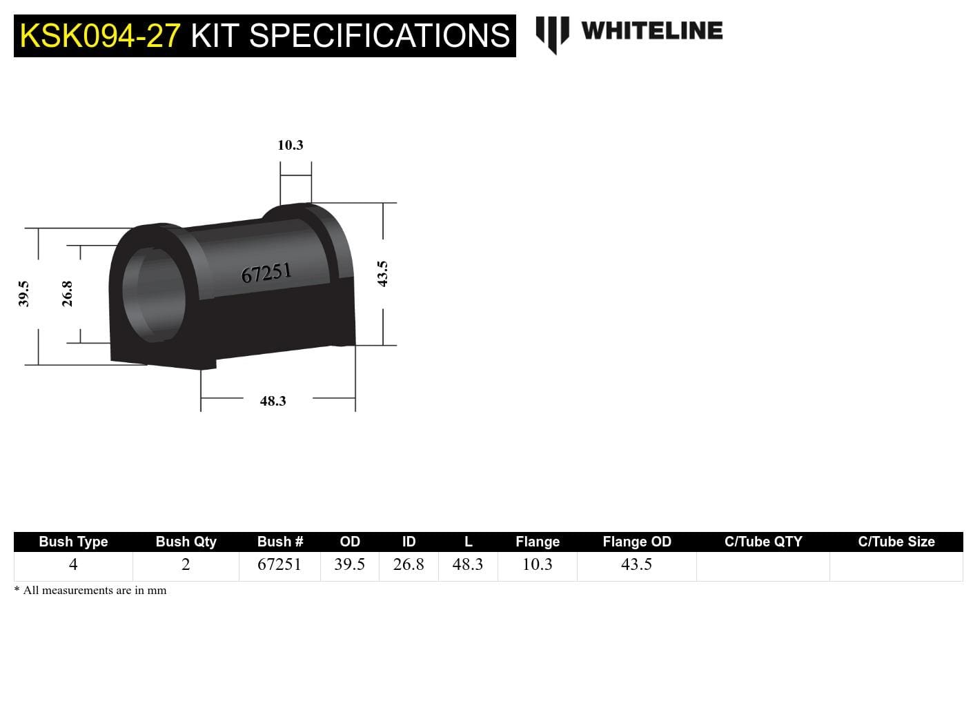 Whiteline 7 x 14 x 20 cm / Service kit - suits Whiteline sway bars Sway Bar Mount - Bushing Kit 27mm to Suit Whiteline Sway Bars SR