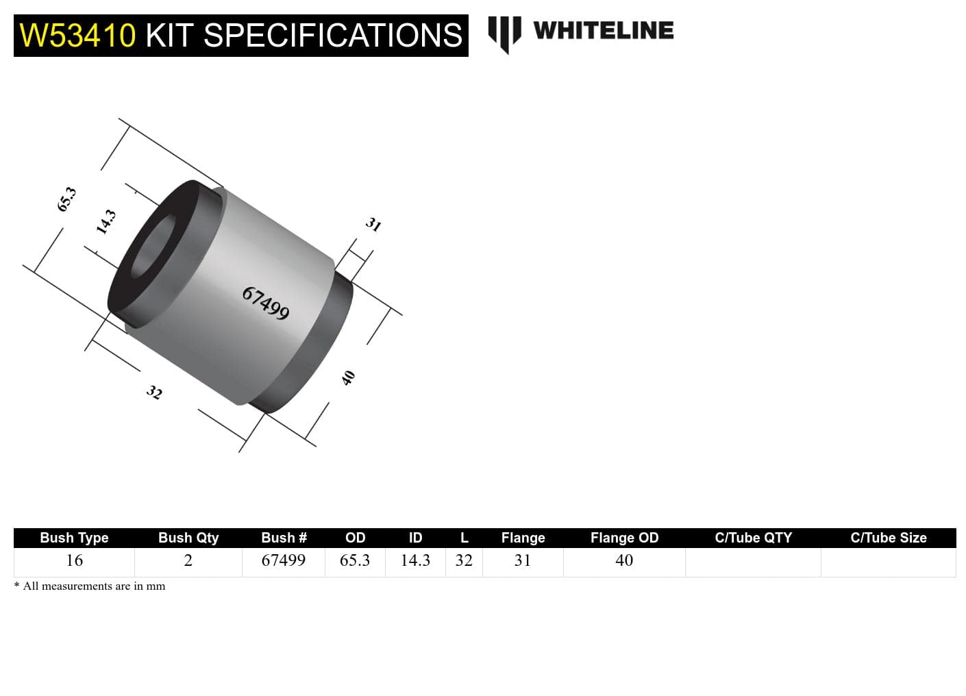 Whiteline 7 x 14 x 20 cm / Standard Alignment - 65mm OD Front Control Arm Lower - Inner Front Bushing Kit to Suit Honda Civic, CR-V and Integra SR
