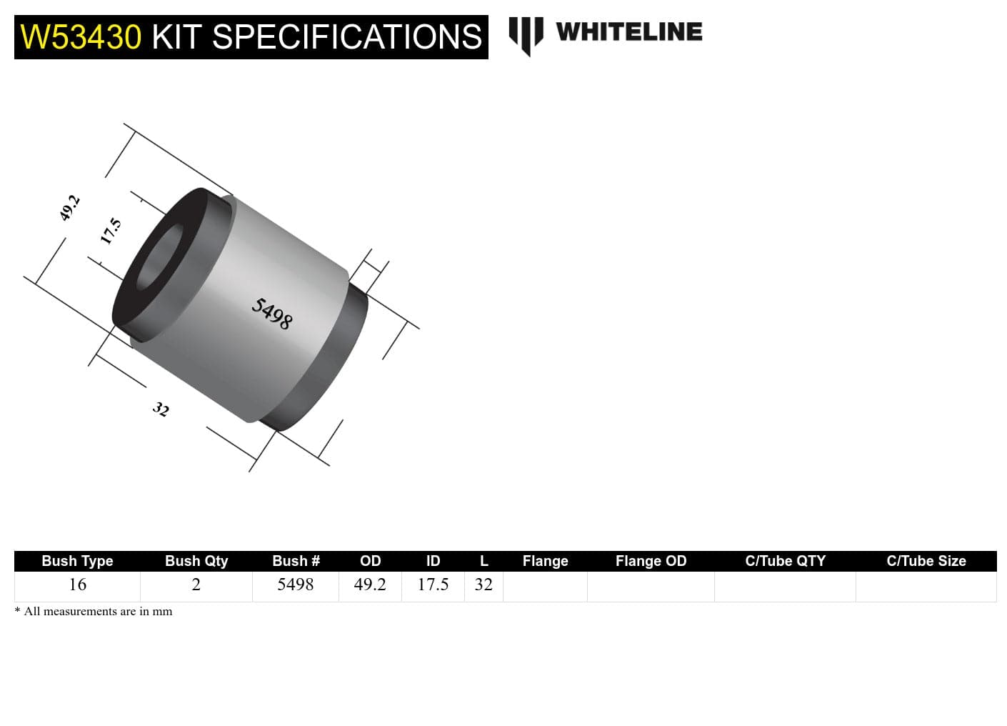 Whiteline 7 x 14 x 20 cm / Standard Alignment Front Control Arm Lower - Inner Rear Bushing Kit to Suit Nissan Pulsar N16 SR