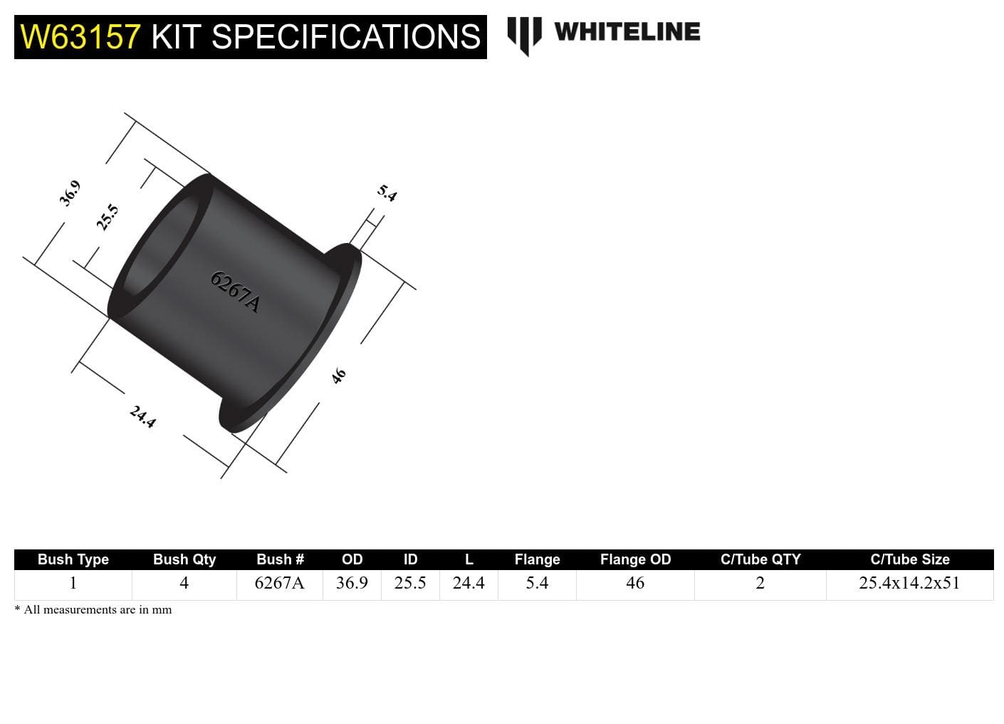Whiteline 7 x 14 x 20 cm / Suits 40mm wide eyelet Rear Control Arm Upper Front - Bushing Kit to Suit Holden Commodore VE SR