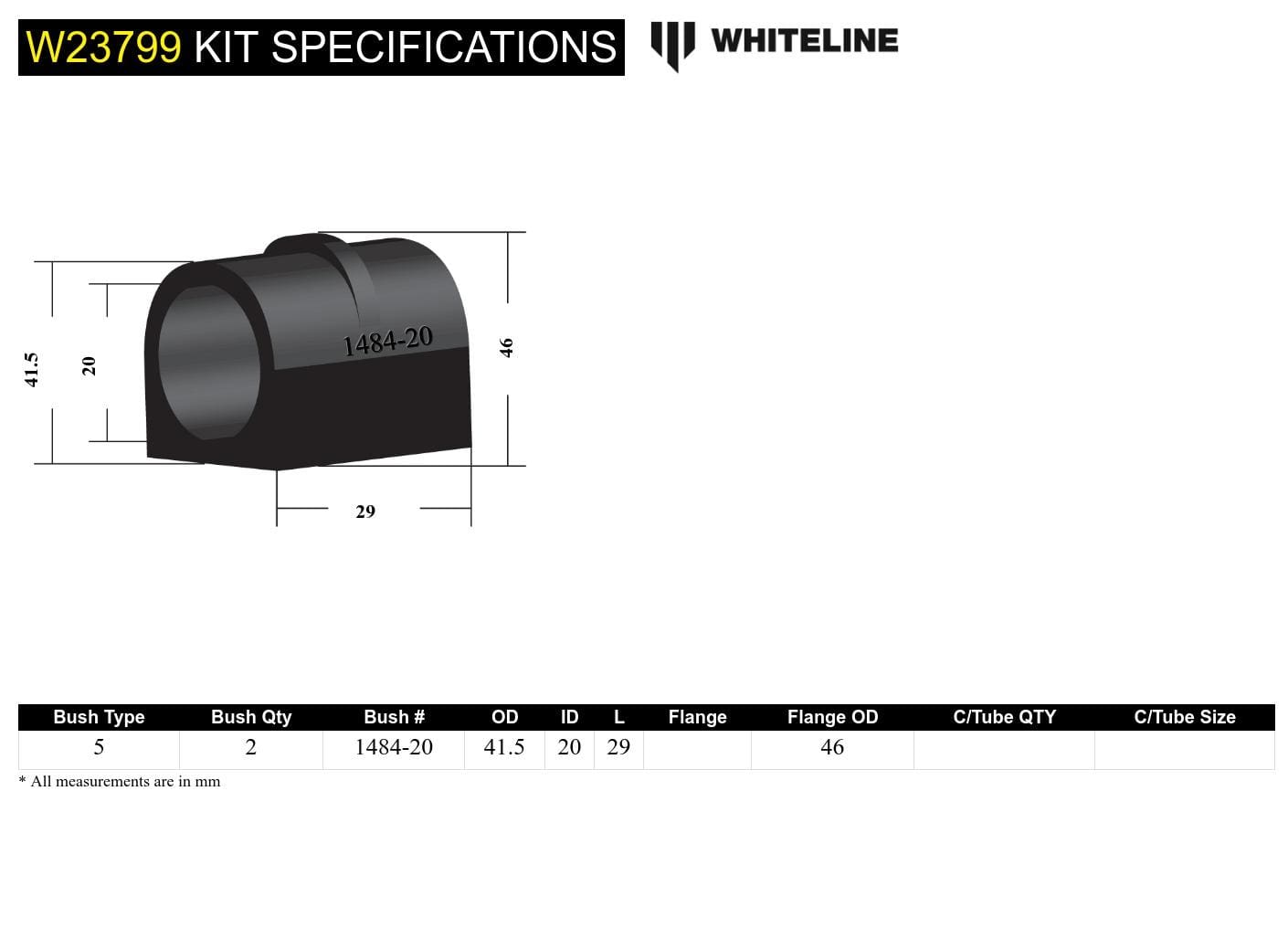 Whiteline 7 x 14 x 20 cm / Suits models 09/2001 - on - with ribbed saddle Front Sway Bar Mount - Bushing Kit 20mm to Suit Nissan Patrol GU and Pathfinder R50 SR