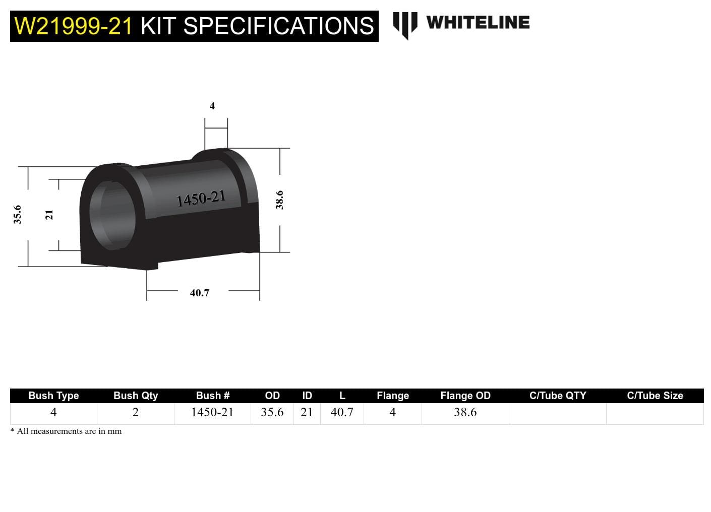 Whiteline 7 x 14 x 20 cm / Suits models without differential lock Universal Sway Bar Mount - Bushing Kit 21mm SR