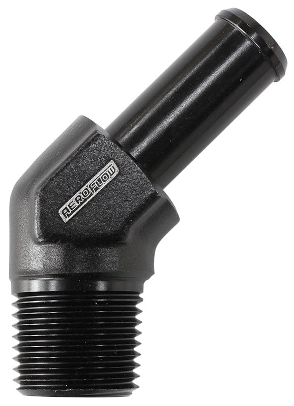 Aeroflow Performance 1/2" NPT to -10 100/450 series Hose, Black Finish Aeroflow Male NPT to 45° AN Hose Barb AF845-10ANBLK SR