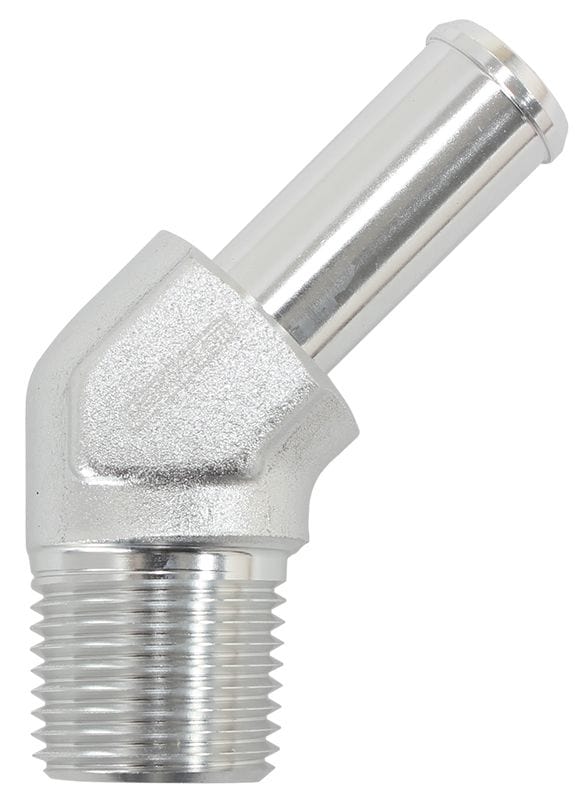 Aeroflow Performance 1/2" NPT to -10 100/450 series Hose, Silver Finish Aeroflow Male NPT to 45° AN Hose Barb AF845-10ANS SR
