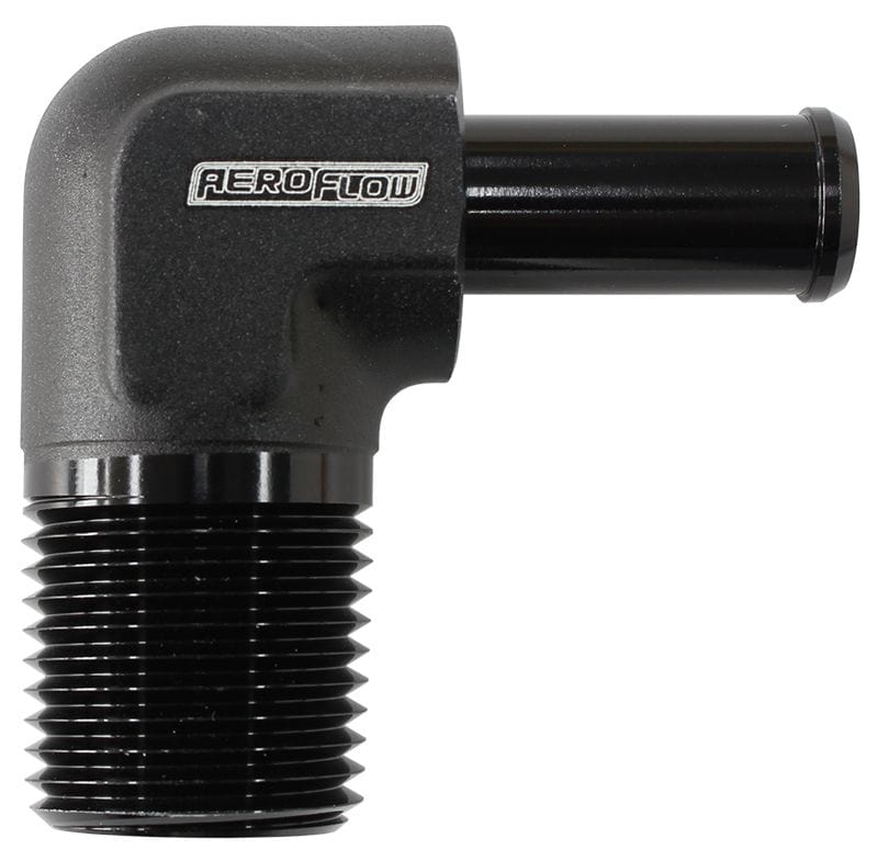 Aeroflow Performance 1/2" NPT to -8 100/450 series Hose, Black Finish Aeroflow Male NPT to 90 Deg AN Hose Barb AF842-08-08ANBLK SR