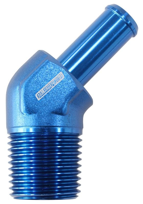 Aeroflow Performance 1/2" NPT to -8 100/450 series Hose, Blue Finish Aeroflow Male NPT to 45° AN Hose Barb AF845-08-08AN SR
