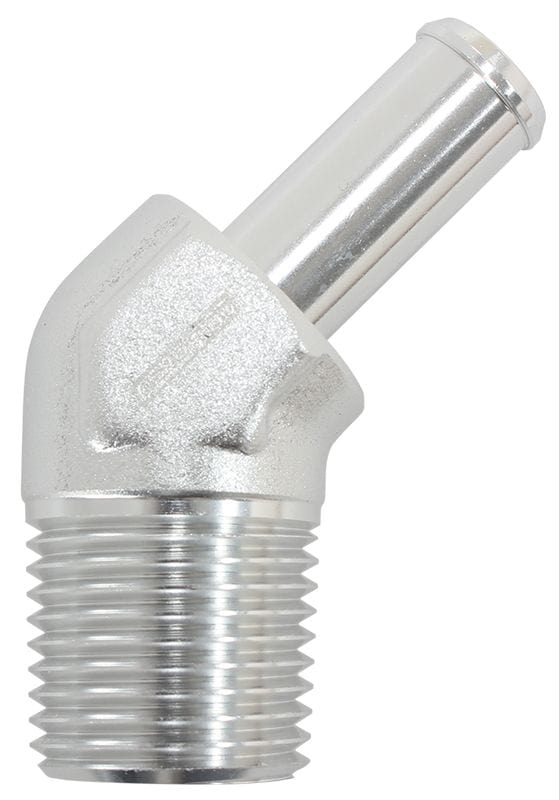 Aeroflow Performance 1/2" NPT to -8 100/450 series Hose, Silver Finish Aeroflow Male NPT to 45° AN Hose Barb AF845-08-08ANS SR