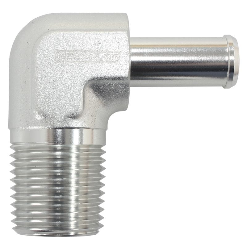 Aeroflow Performance 1/2" NPT to -8 100/450 series Hose, Silver Finish Aeroflow Male NPT to 90 Deg AN Hose Barb AF842-08-08ANS SR