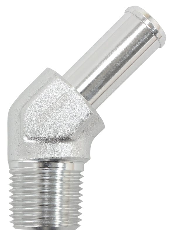 Aeroflow Performance 1/8" NPT to -4 100/450 series Hose, Silver Finish Aeroflow Male NPT to 45° AN Hose Barb AF845-04ANS SR