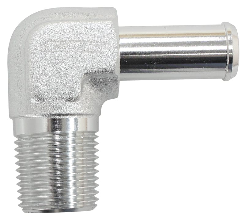 Aeroflow Performance 1/8" NPT to -4 100/450 series Hose, Silver Finish Aeroflow Male NPT to 90 Deg AN Hose Barb AF842-04ANS SR