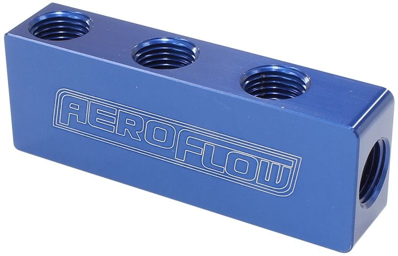 Aeroflow Performance 1 In - 6 Out, All Ports 1/8" NPT, Blue Finish Aeroflow Compact Distribution Block AF456-01-06 SR