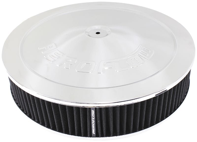 Aeroflow Performance 14" x 3", 7-5/16" neck,Flat Base with black washable cotton element Aeroflow Chrome Air Filter Assembly AF2851-1234 SR