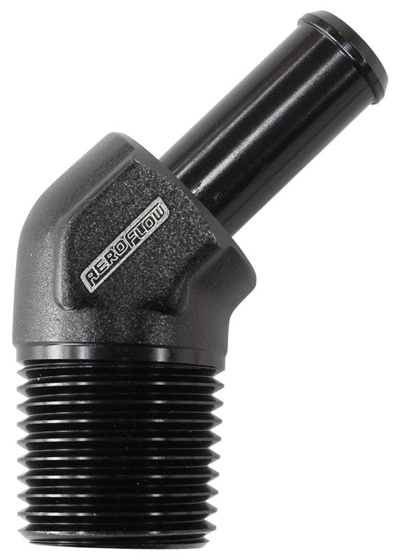 Aeroflow Performance 3/8" NPT to -6 100/450 series Hose, Black Finish Aeroflow Male NPT to 45° AN Hose Barb AF845-06-06ANBLK SR